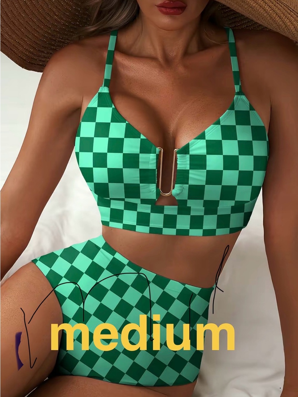 Green Checkered High-Waist Bikini Set - Women Swim